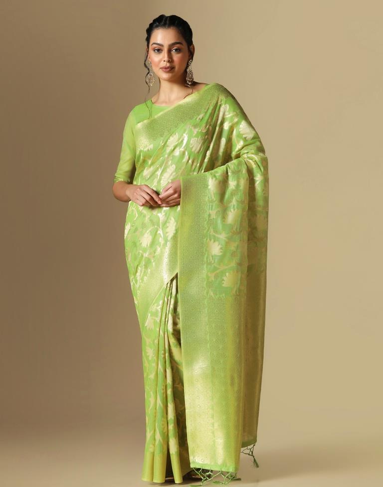 Light Green Banarasi Cotton Saree | Leemboodi