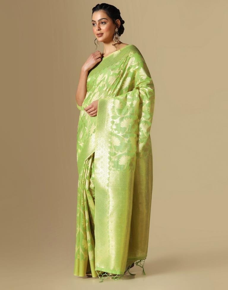 Light Green Banarasi Cotton Saree | Leemboodi