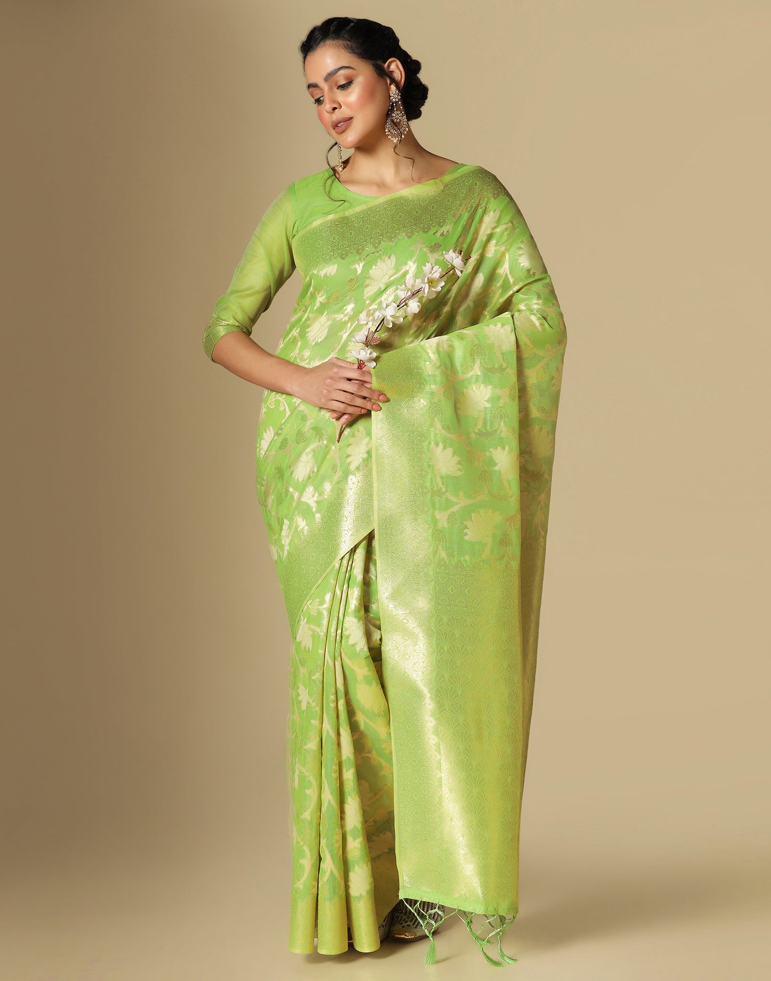 Light Green Banarasi Cotton Saree | Leemboodi