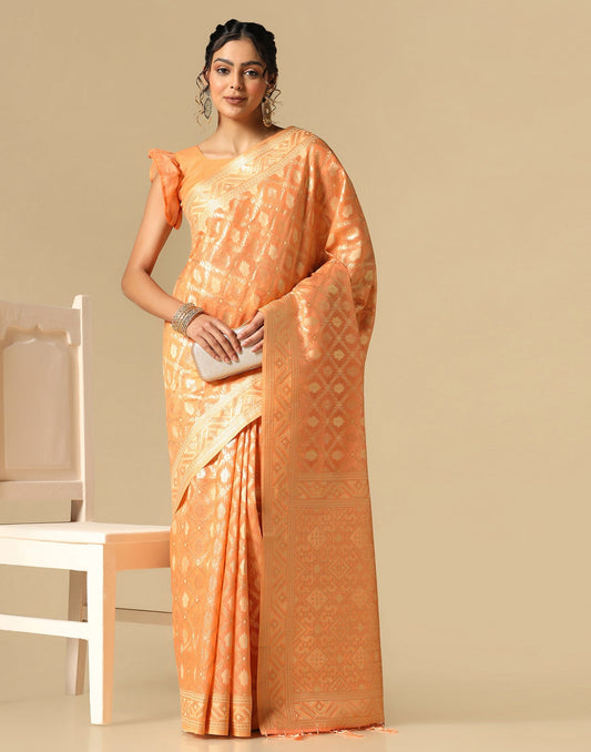 Orange Banarasi Cotton Saree | Leemboodi