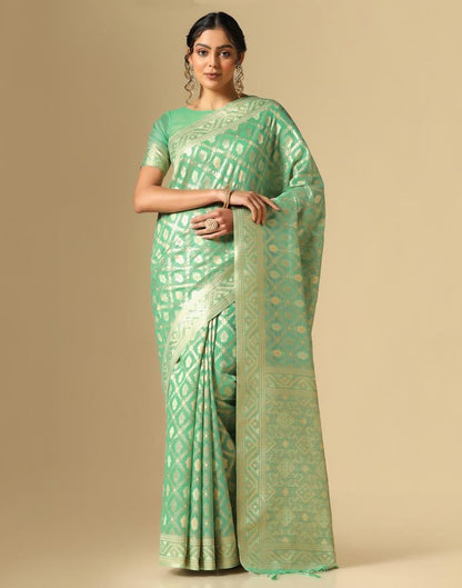 Turquoise Green Banarasi Cotton Saree | Leemboodi