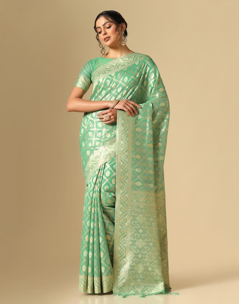 Turquoise Green Banarasi Cotton Saree | Leemboodi