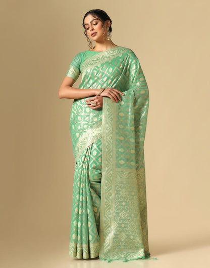 Turquoise Green Banarasi Cotton Saree | Leemboodi