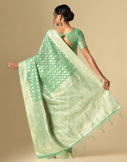 Turquoise Green Banarasi Cotton Saree | Leemboodi