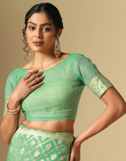 Turquoise Green Banarasi Cotton Saree | Leemboodi