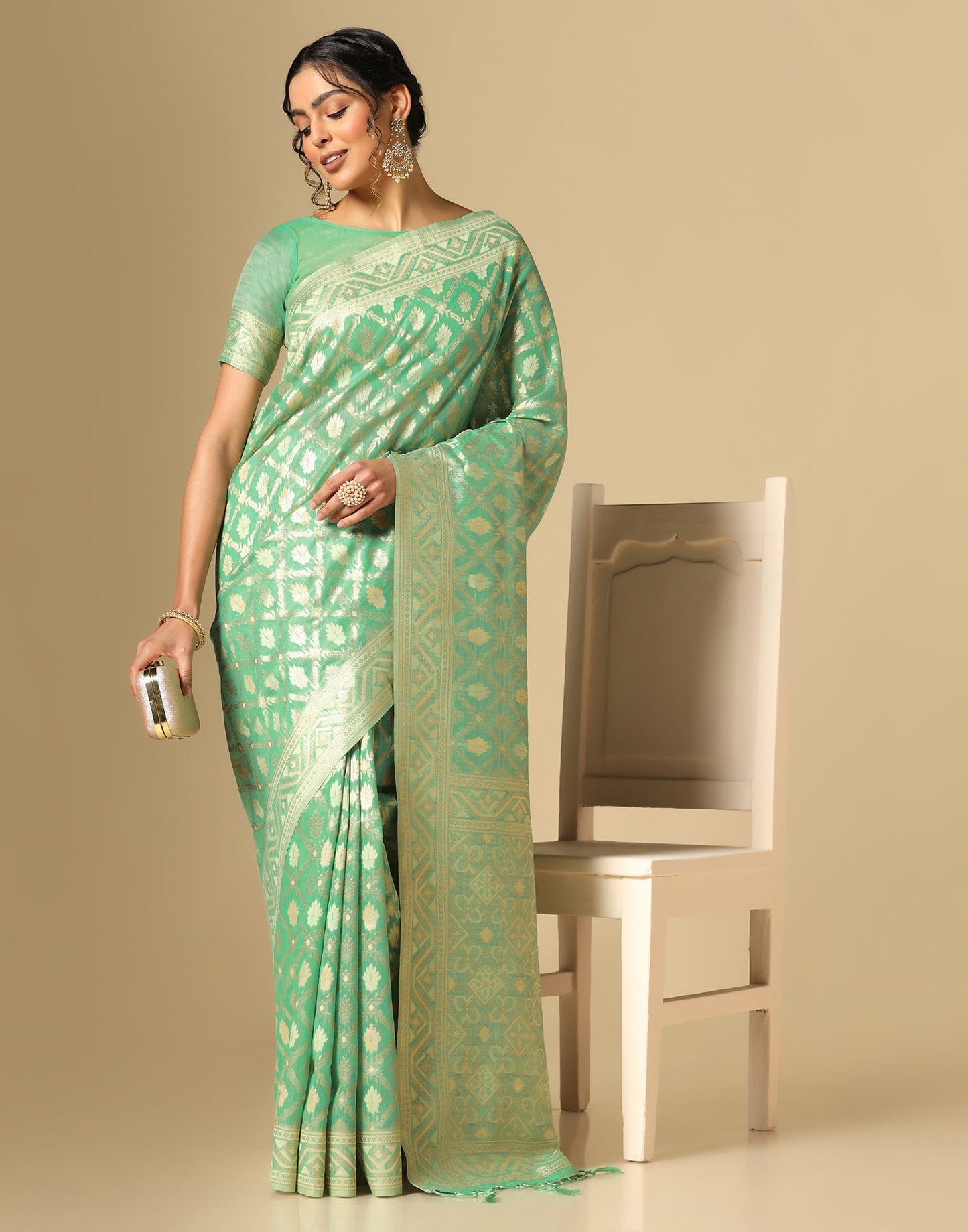 Turquoise Green Banarasi Cotton Saree | Leemboodi