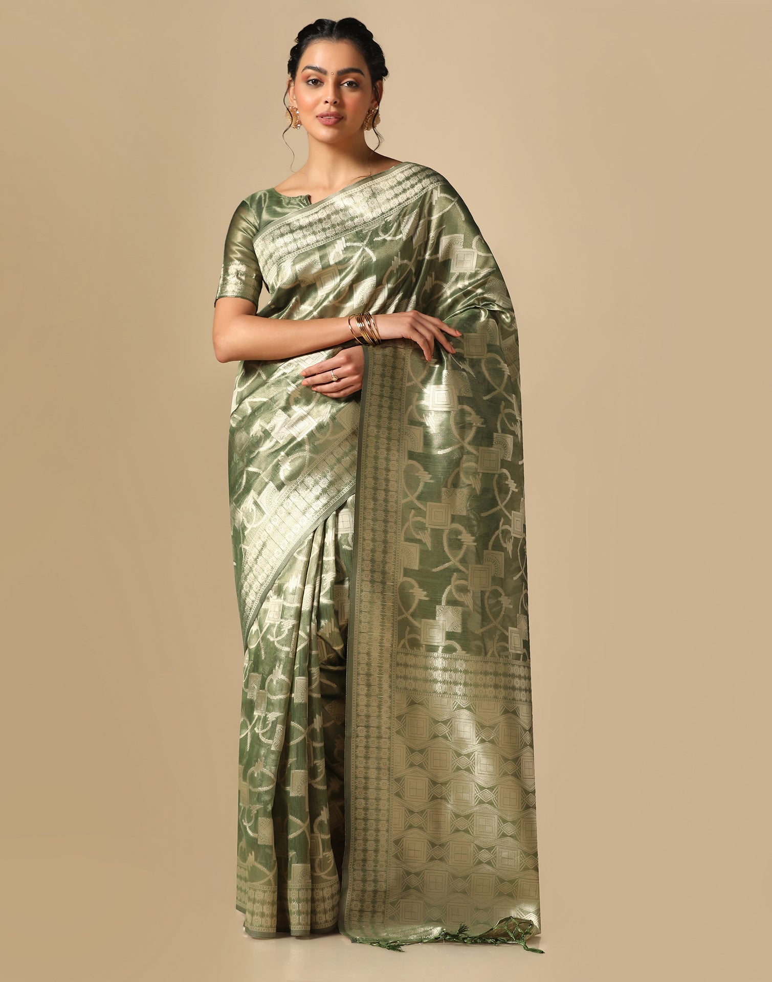 Mehandi Green Banarasi Jacquard Saree | Leemboodi