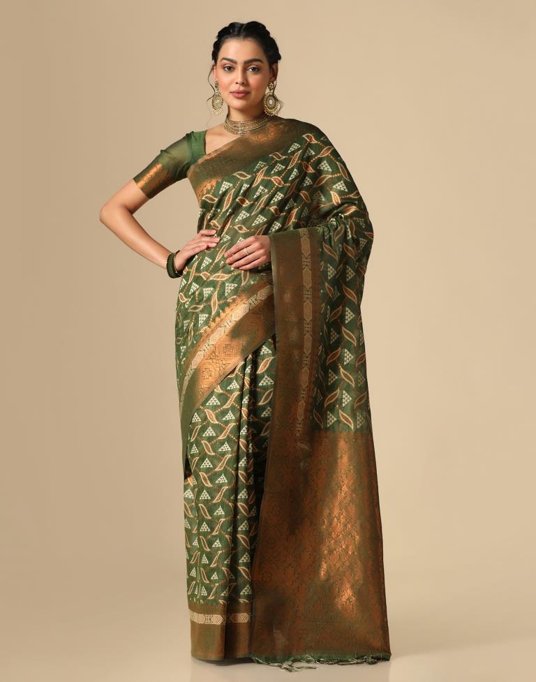 Olive Green Banarasi Cotton Saree | Leemboodi