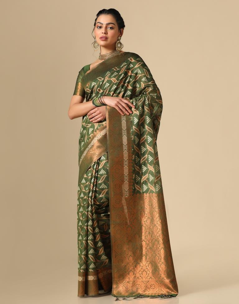Olive Green Banarasi Cotton Saree | Leemboodi