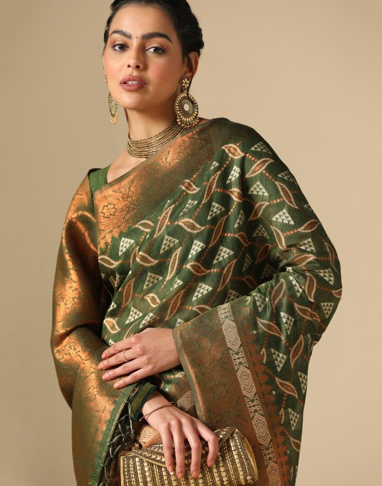 Olive Green Banarasi Cotton Saree | Leemboodi