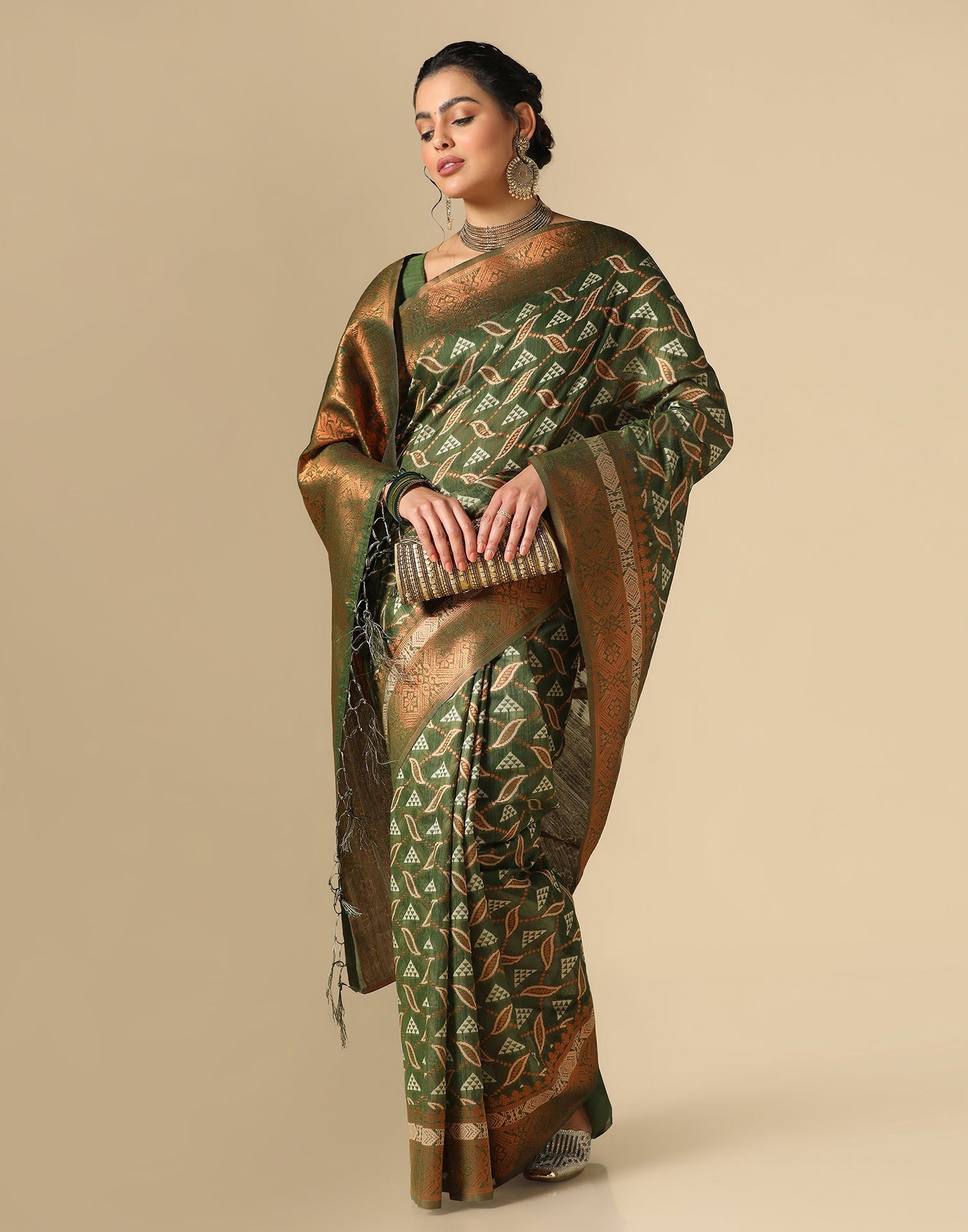 Olive Green Banarasi Cotton Saree | Leemboodi