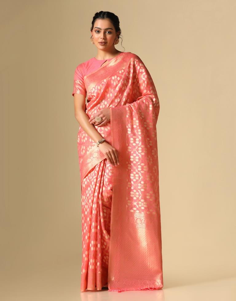 Coral Pink Banarasi Cotton Saree | Leemboodi