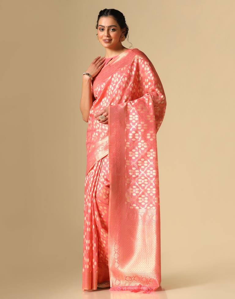 Coral Pink Banarasi Cotton Saree | Leemboodi