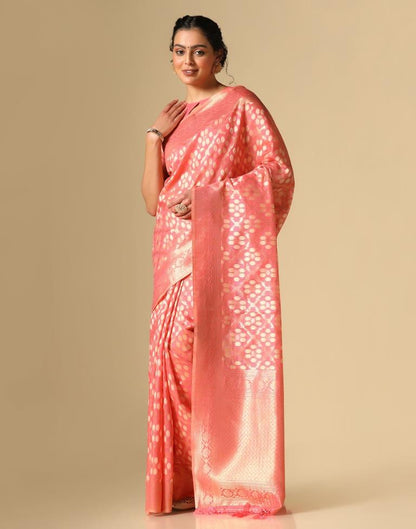 Coral Pink Banarasi Cotton Saree | Leemboodi