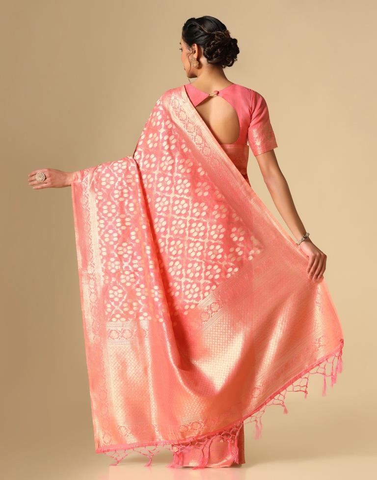 Coral Pink Banarasi Cotton Saree | Leemboodi