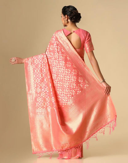 Coral Pink Banarasi Cotton Saree | Leemboodi