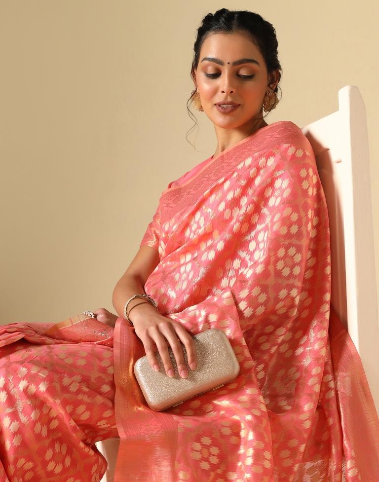 Coral Pink Banarasi Cotton Saree | Leemboodi