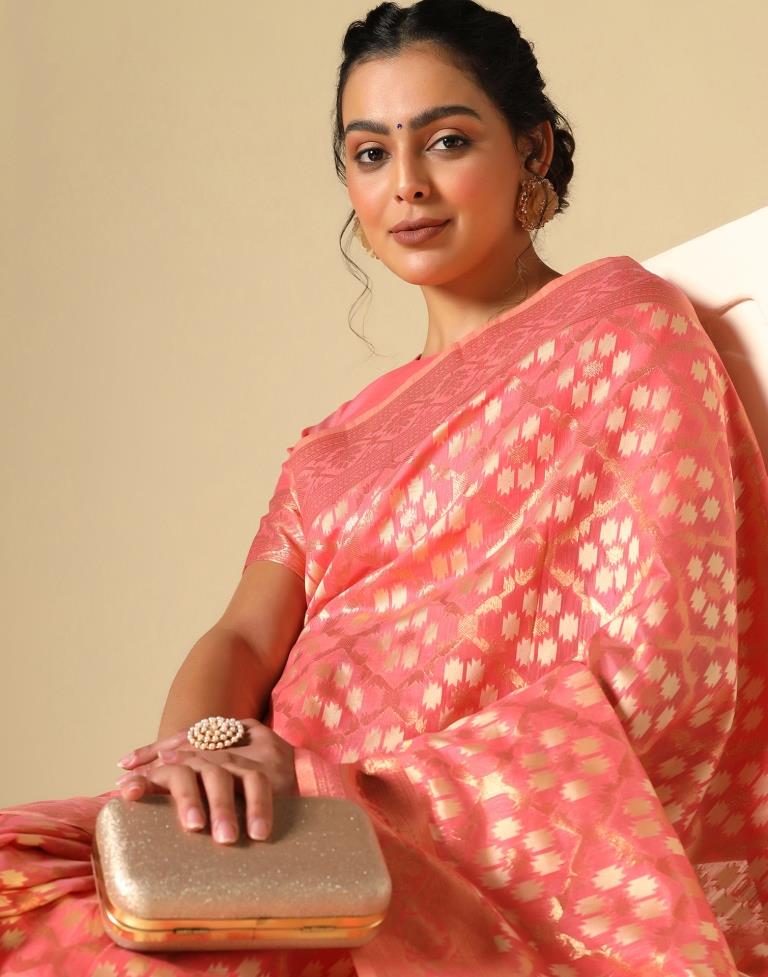 Coral Pink Banarasi Cotton Saree | Leemboodi