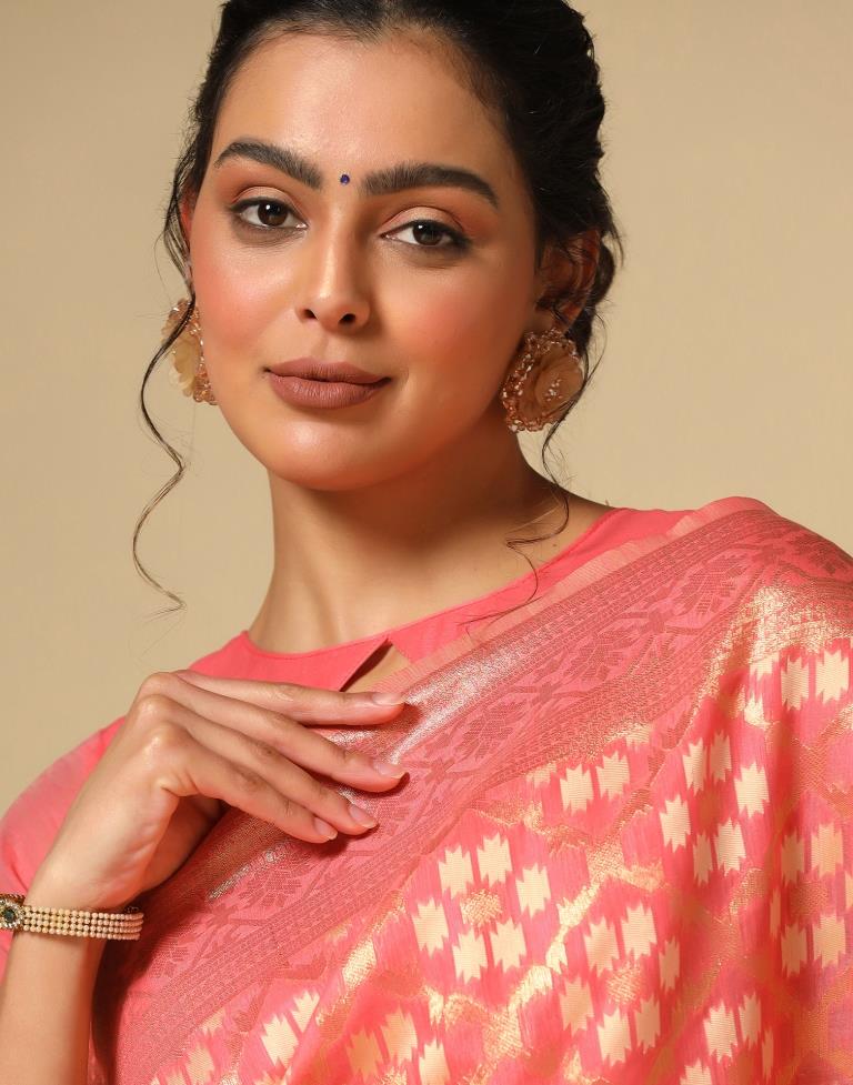 Coral Pink Banarasi Cotton Saree | Leemboodi