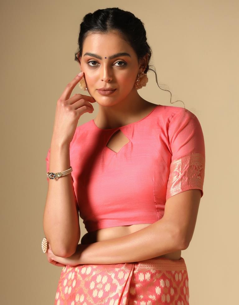 Coral Pink Banarasi Cotton Saree | Leemboodi