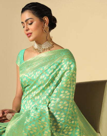 Turquoise Green Banarasi Cotton Saree | Leemboodi