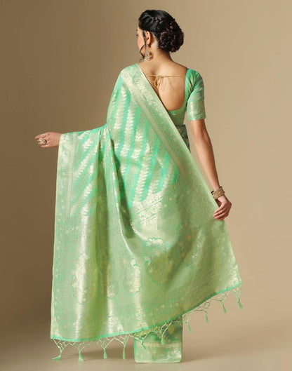 Turquoise Green Banarasi Cotton Saree | Leemboodi