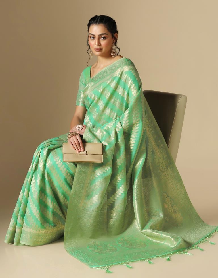 Turquoise Green Banarasi Cotton Saree | Leemboodi