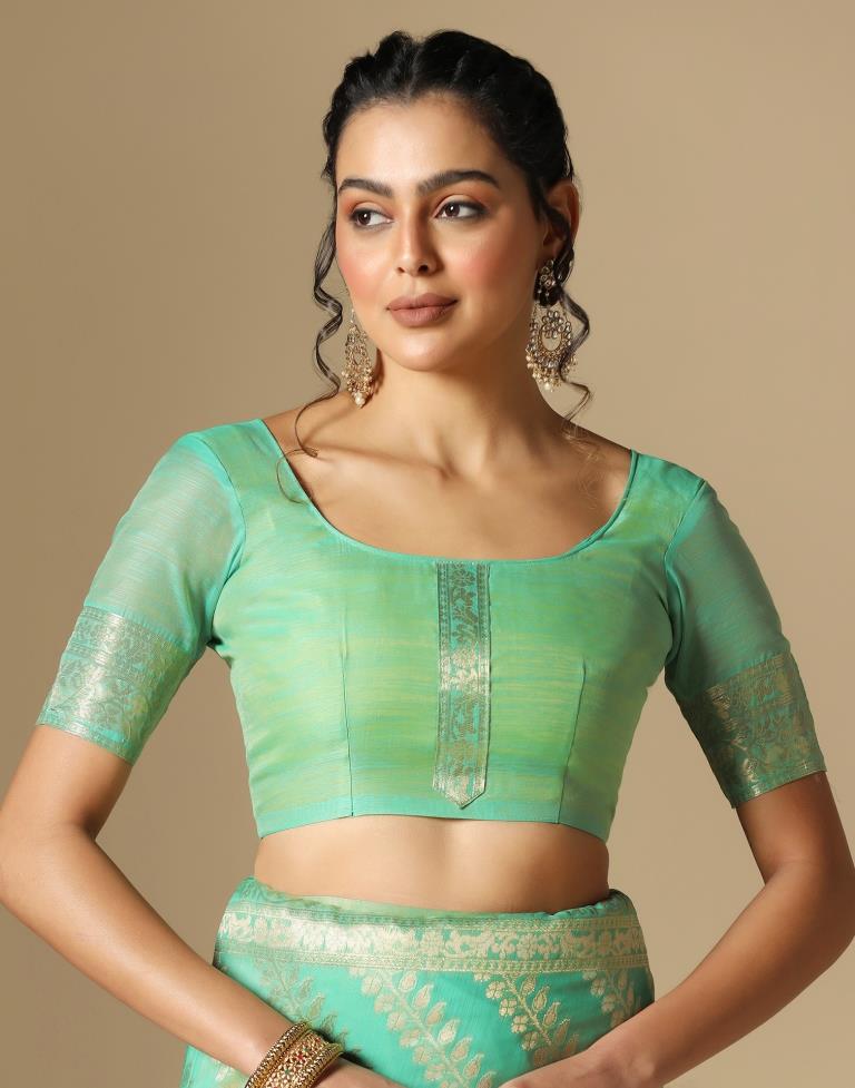 Turquoise Green Banarasi Cotton Saree | Leemboodi