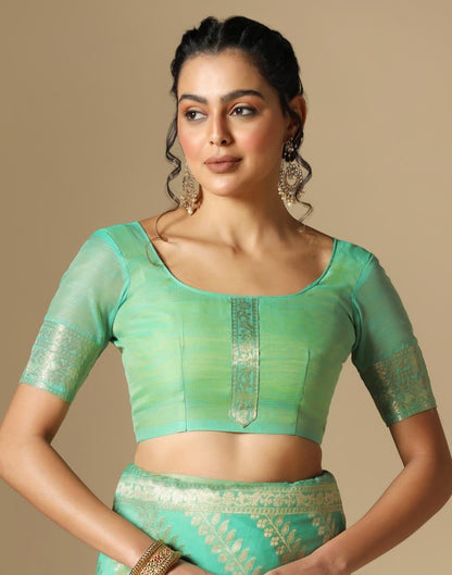 Turquoise Green Banarasi Cotton Saree | Leemboodi
