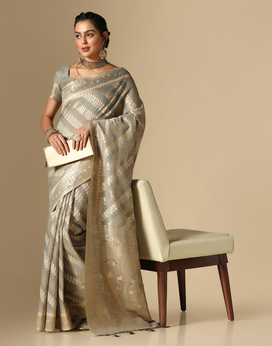 Grey Banarasi Cotton Saree | Leemboodi