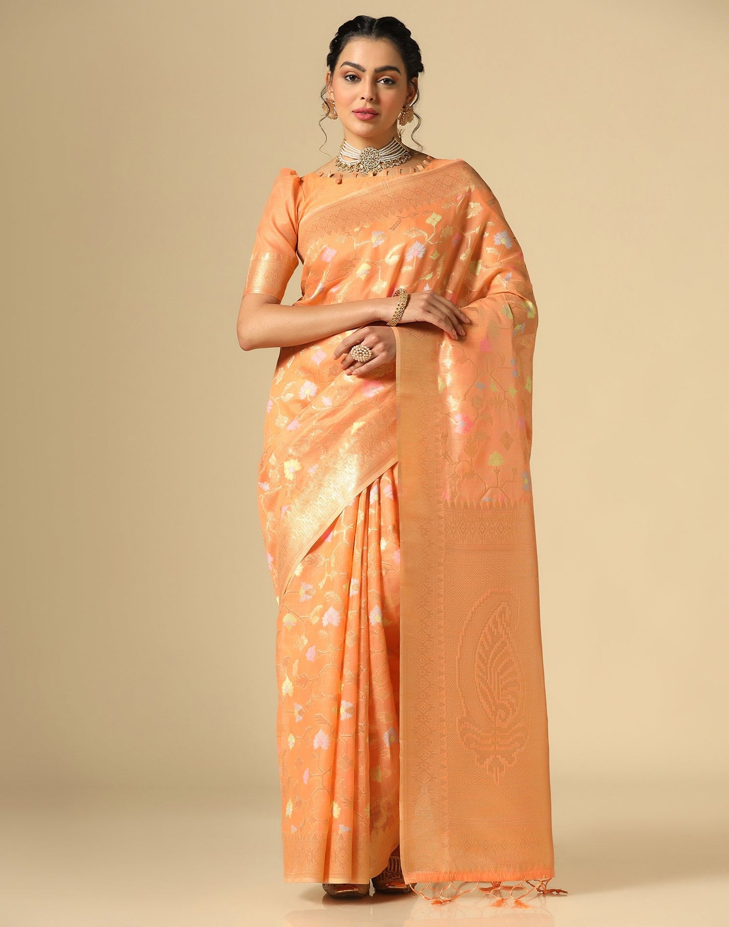 Light Orange Cotton Jacquard Saree | Leemboodi