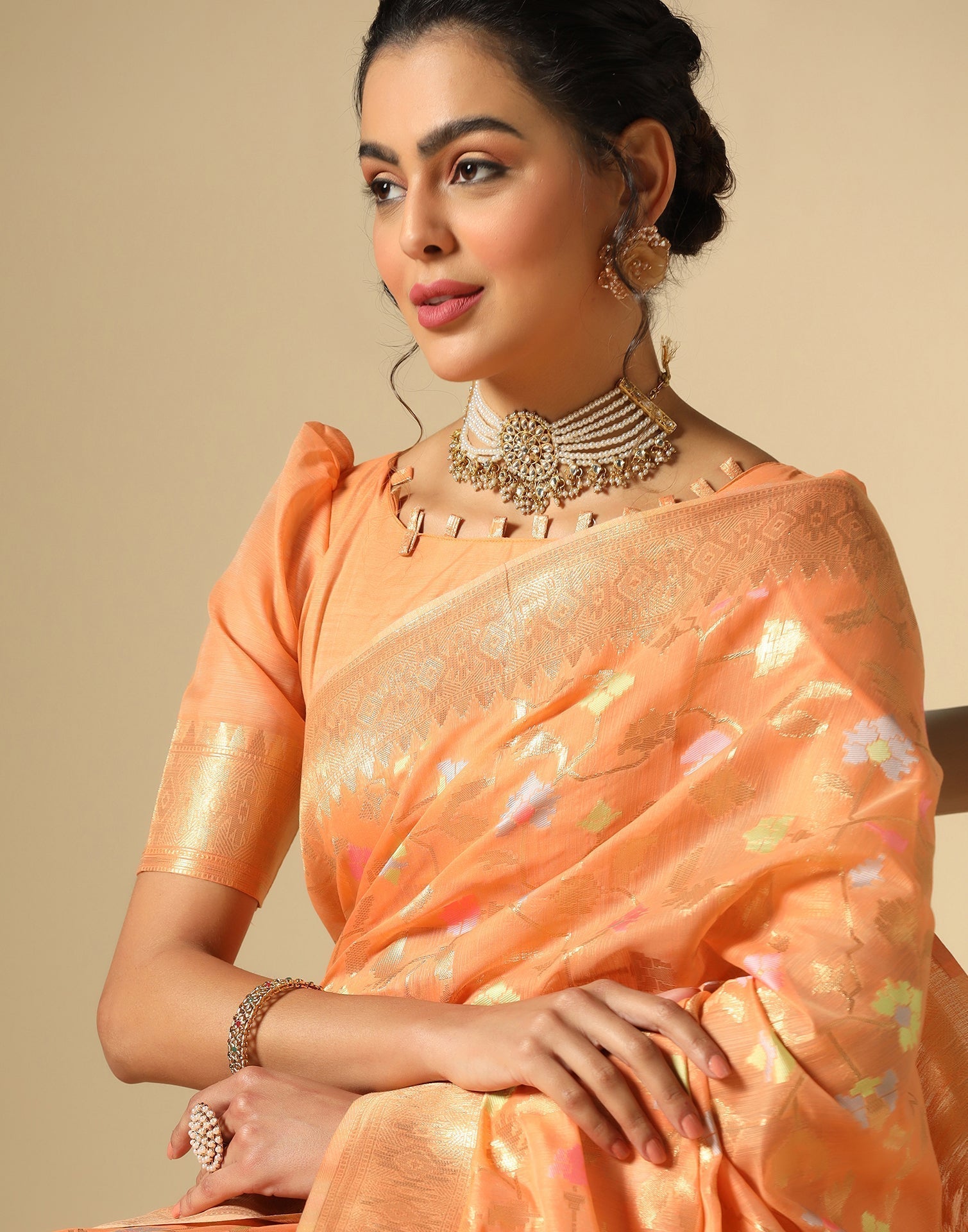 Light Orange Cotton Jacquard Saree | Leemboodi