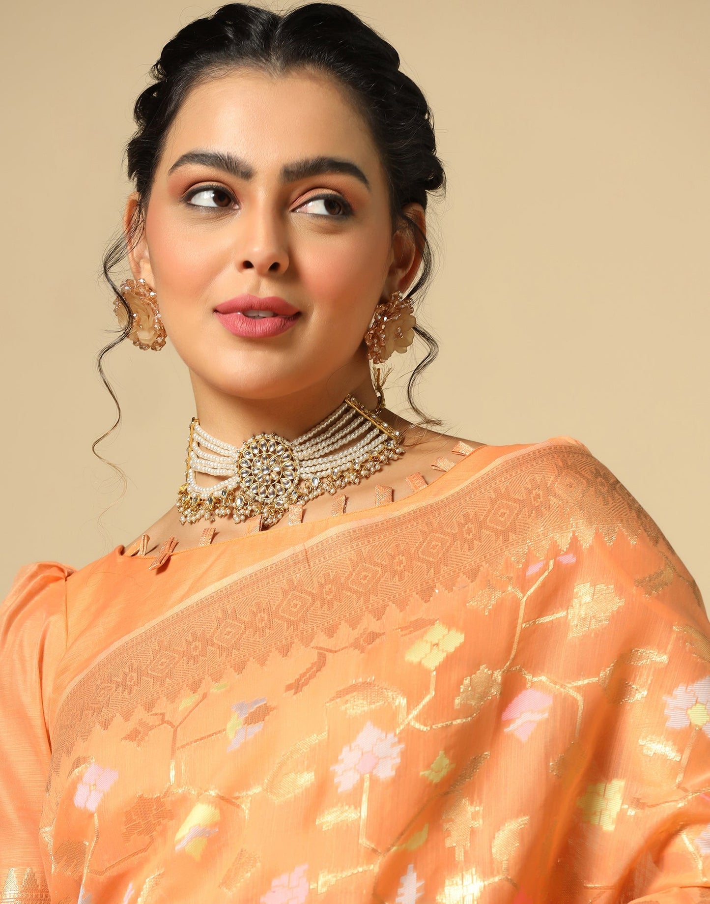 Light Orange Cotton Jacquard Saree | Leemboodi