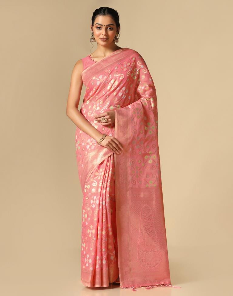 Coral Pink Banarasi Cotton Saree | Leemboodi
