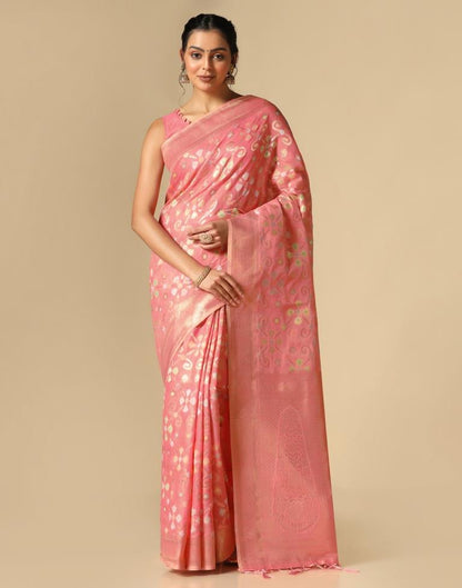 Coral Pink Banarasi Cotton Saree | Leemboodi