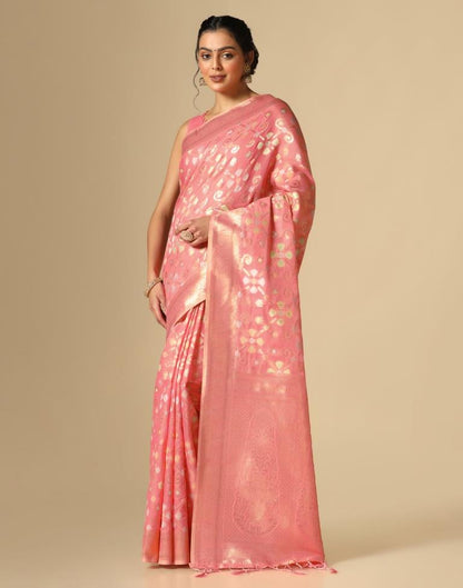 Coral Pink Banarasi Cotton Saree | Leemboodi
