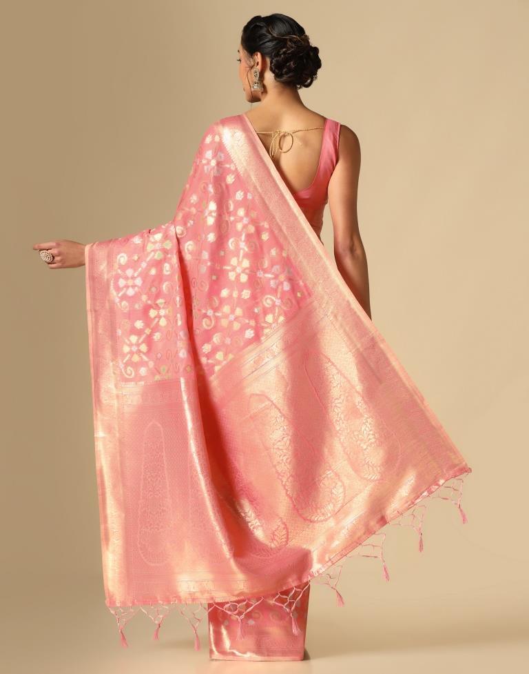 Coral Pink Banarasi Cotton Saree | Leemboodi
