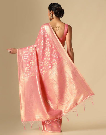 Coral Pink Banarasi Cotton Saree | Leemboodi