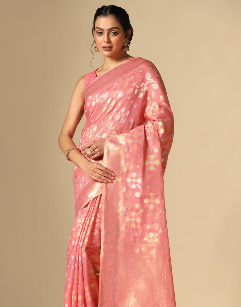 Coral Pink Banarasi Cotton Saree | Leemboodi