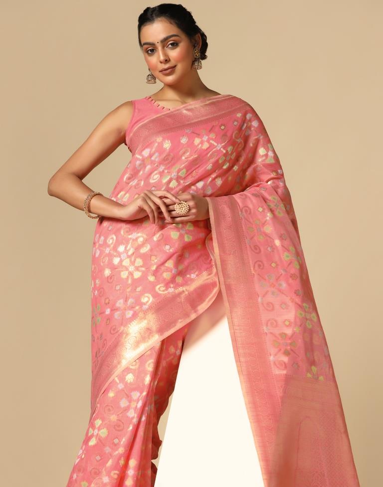 Coral Pink Banarasi Cotton Saree | Leemboodi