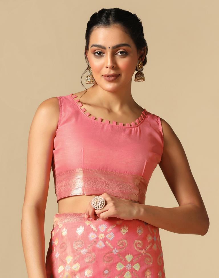 Coral Pink Banarasi Cotton Saree | Leemboodi