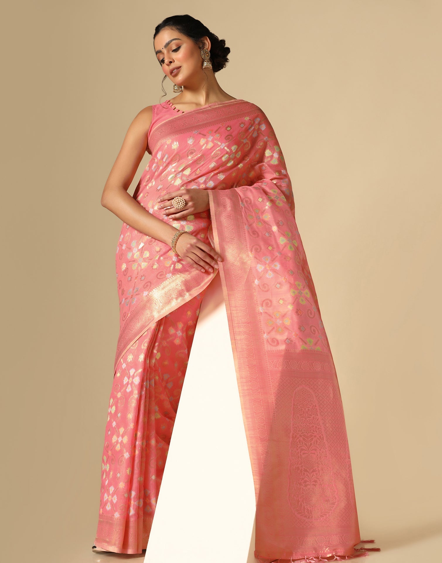Coral Pink Banarasi Cotton Saree | Leemboodi
