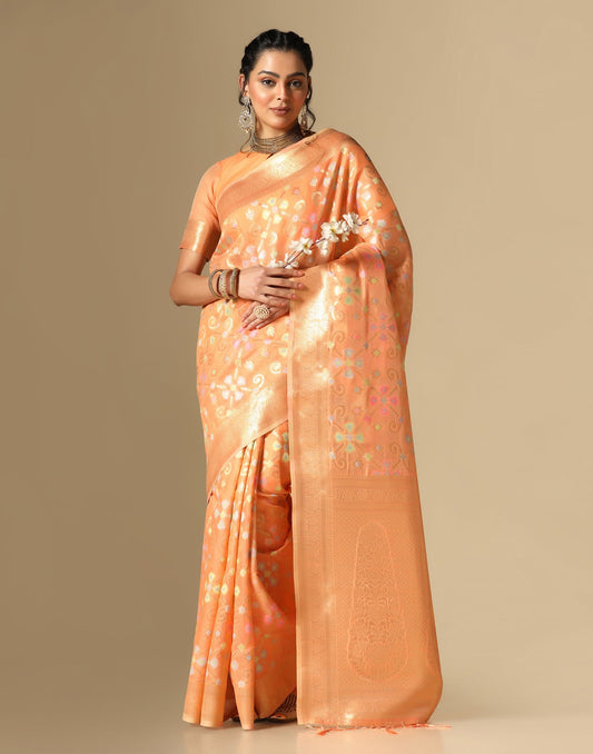 Orange Banarasi Cotton Saree | Leemboodi