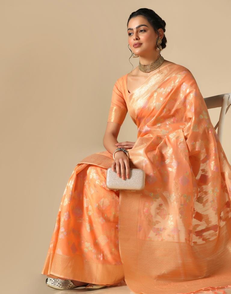 Orange Banarasi Cotton Saree | Leemboodi
