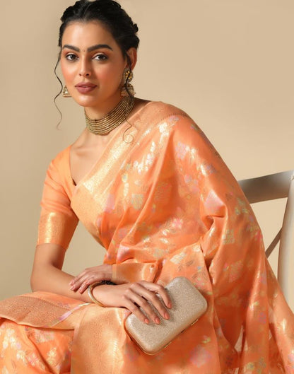 Orange Banarasi Cotton Saree | Leemboodi