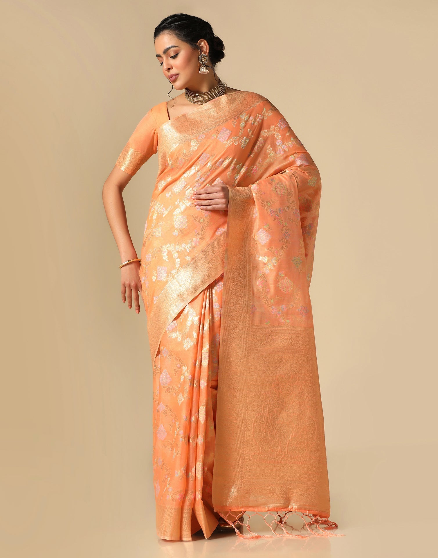 Orange Banarasi Cotton Saree | Leemboodi