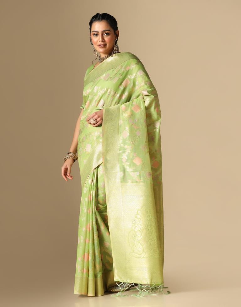 Light Green Banarasi Cotton Saree | Leemboodi