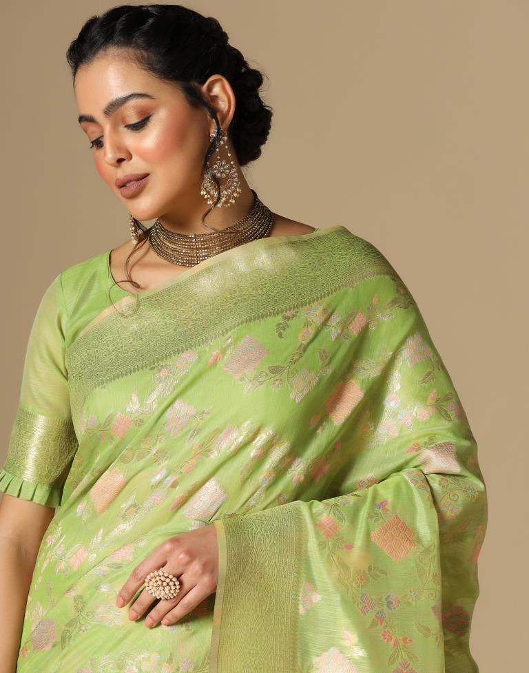 Light Green Banarasi Cotton Saree | Leemboodi