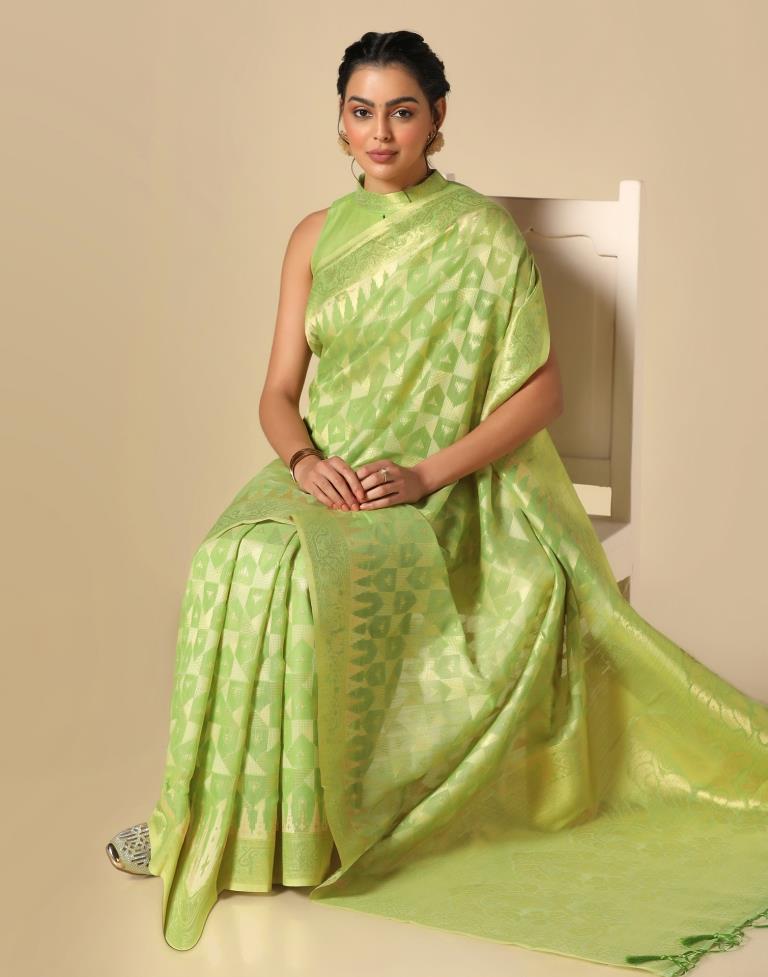 Light Green Banarasi Cotton Saree | Leemboodi