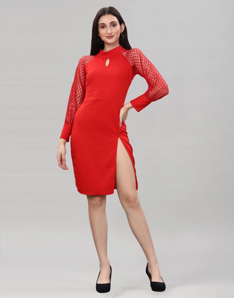 Red Coloured Lycra Knitted bodycon dress | Leemboodi